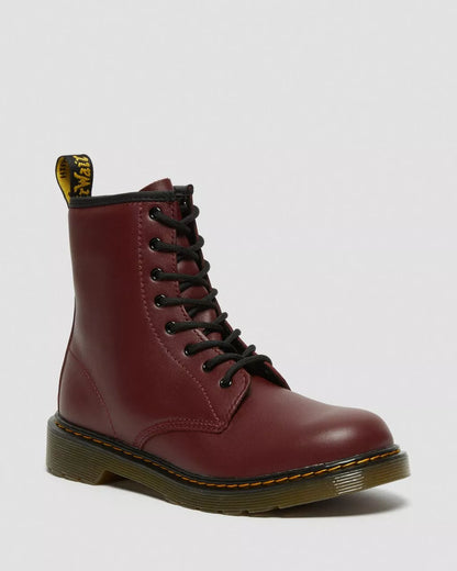 Cherry red softy T leather lace-up boots with a yellow ankle logo, a front lace-up closure, and a yellow brand tag on the shaft.