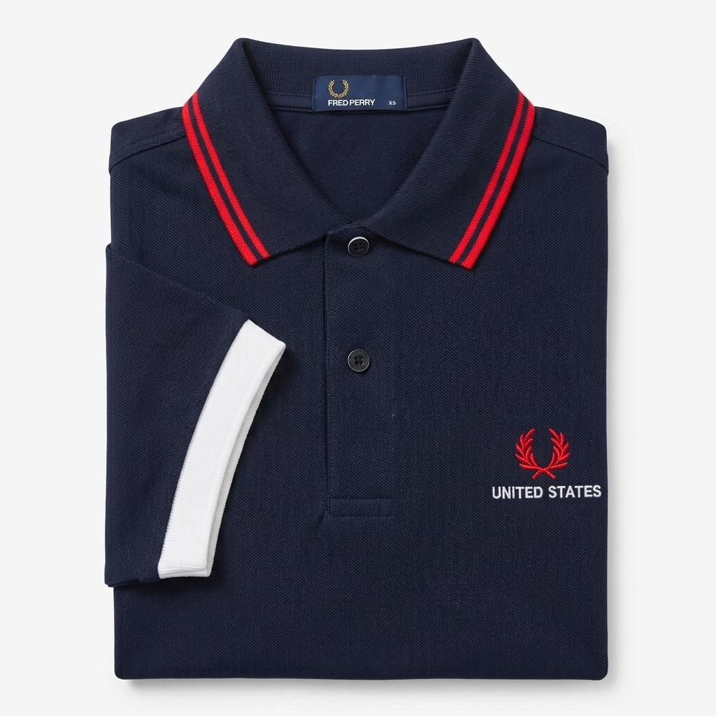 Fred Perry vintage world cup USA twin-tipped navy polo shirt with red and white accents and Fred Perry logo on a white background