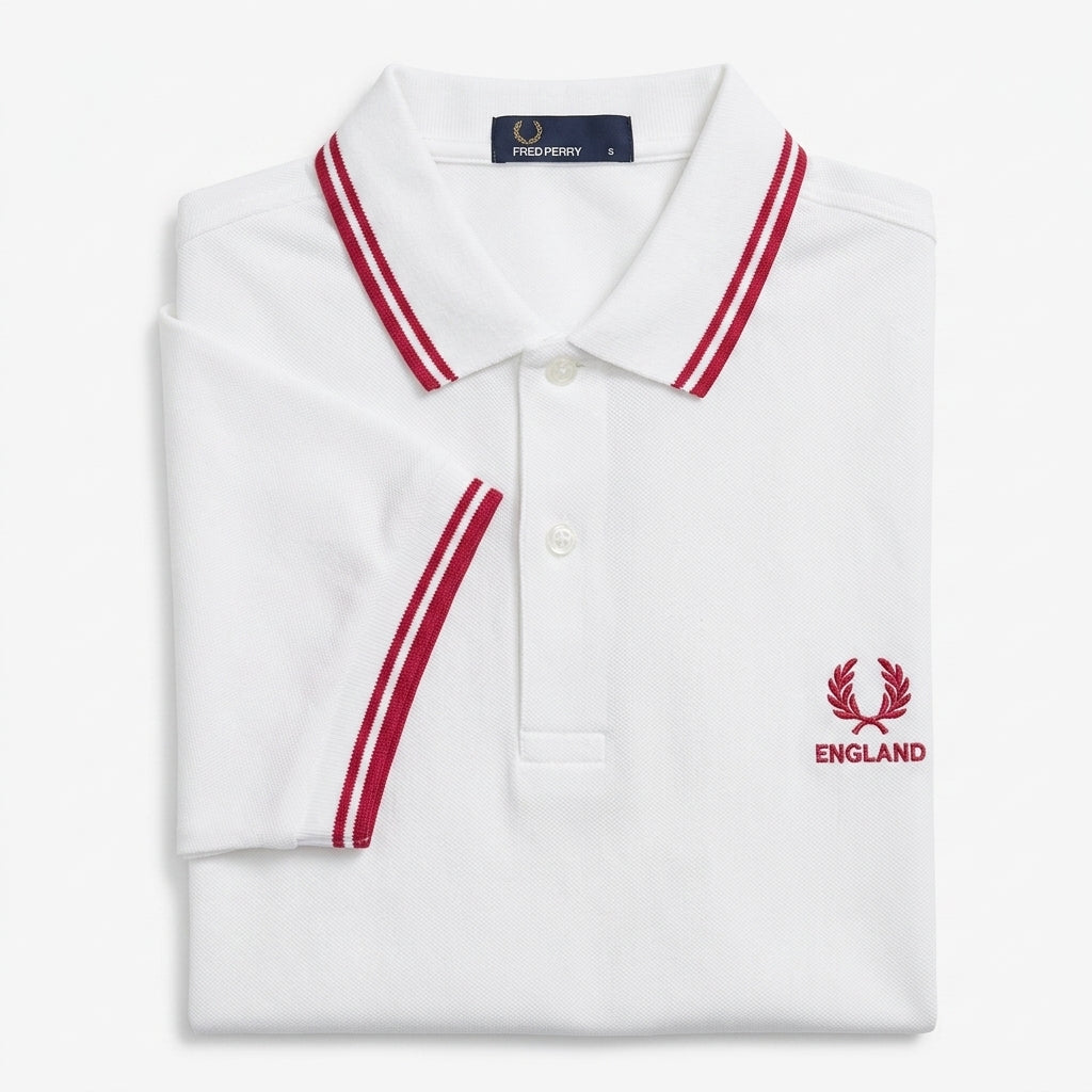 Fred Perry vintage world cup England twin-tipped white polo shirt with red accents and 'England' logo on a white background