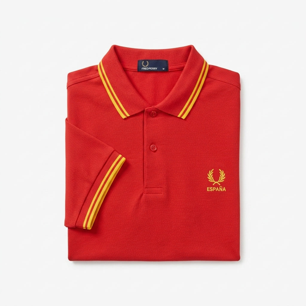 Fred Perry vintage world cup España twin-tipped red polo shirt with yellow accents on a white background