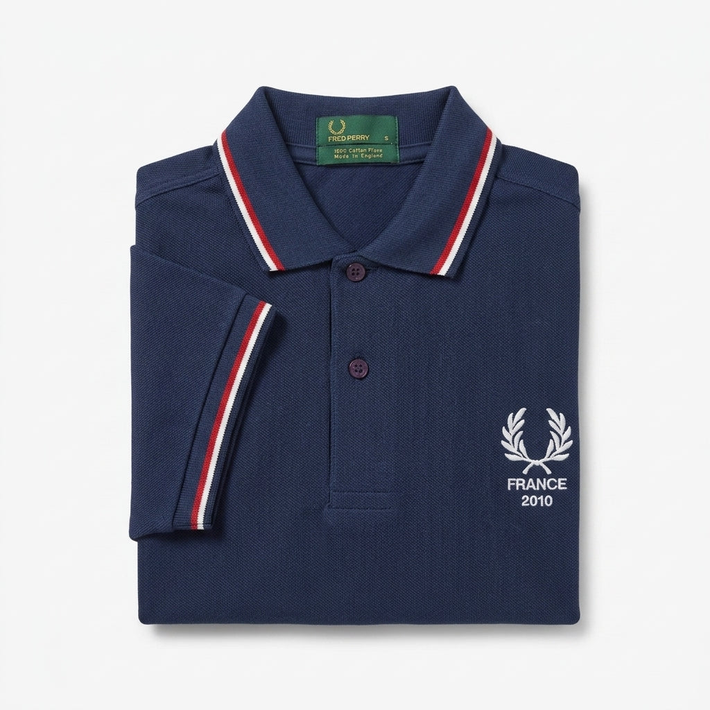 Fred Perry vintage world cup France twin--tipped navy blue polo shirt with white logo and text on a light gray background