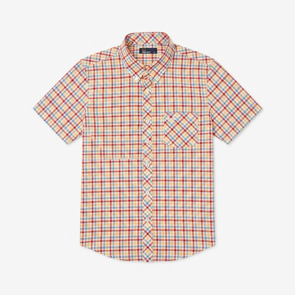 A short-sleeve button-up shirt with a red, blue, and white plaid pattern, featuring a single chest pocket, laid flat against a light gray background.
