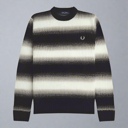 A Fred Perry cable knit jumper in black and white striped pattern with the iconic Fred Perry logo on the chest.
