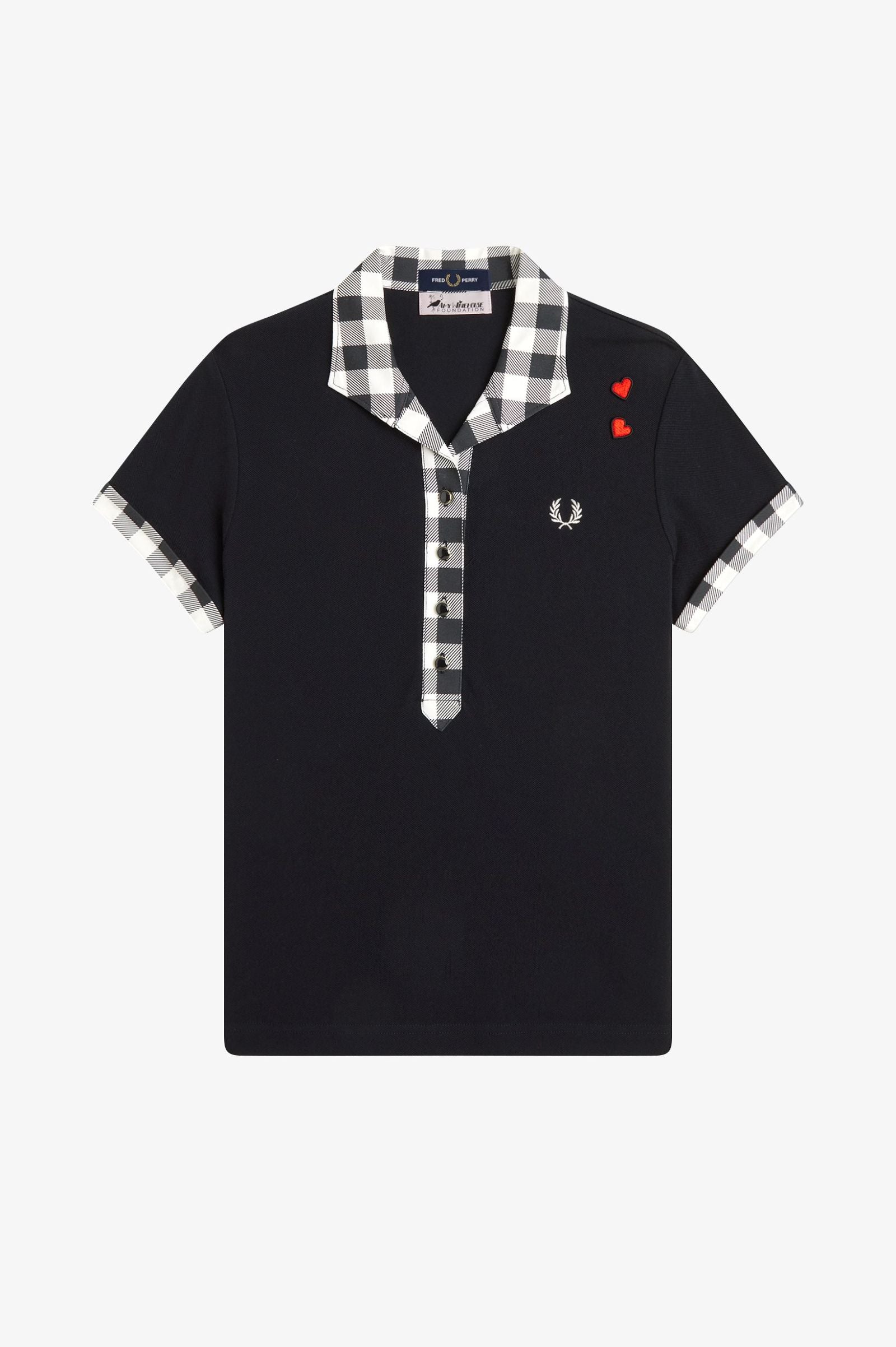 Black polo shirt with checkered collar and sleeve trim on a white background
