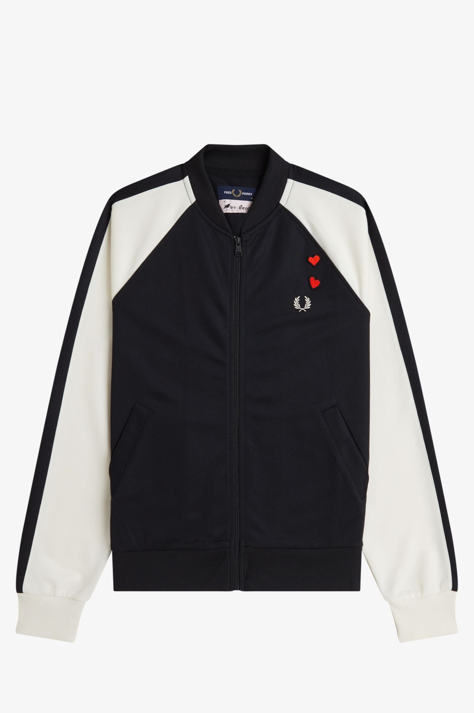 Black and white track jacket with brand logo on a light gray background