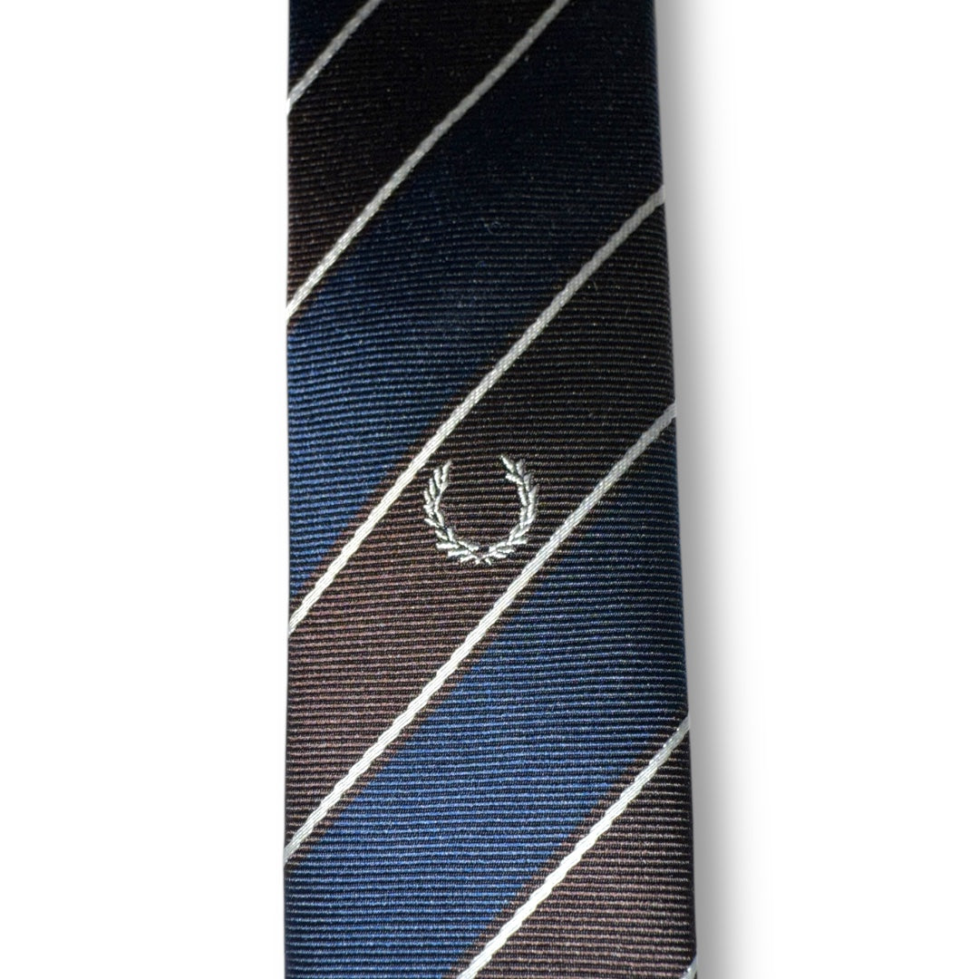 A necktie with a striped pattern featuring black and chocolate brown colors, with a logo in the center.