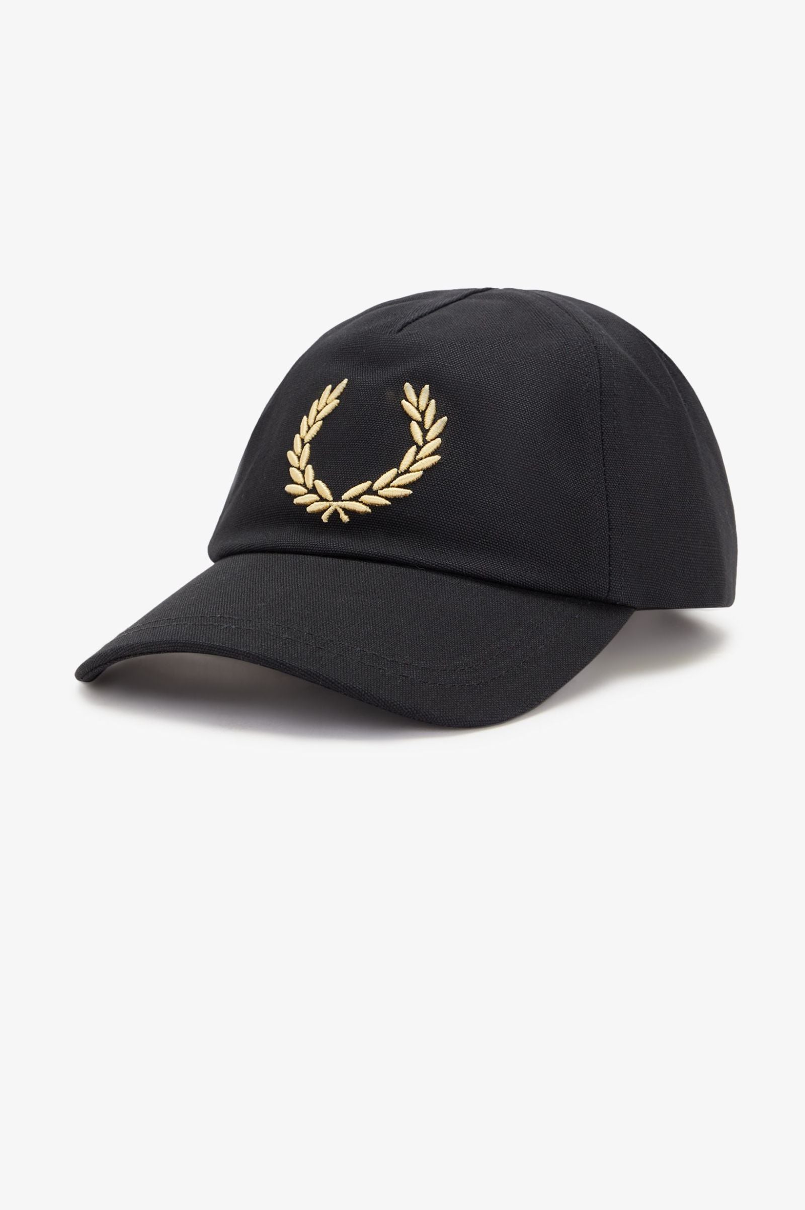 Black cap with gold embroidered logo on a white background