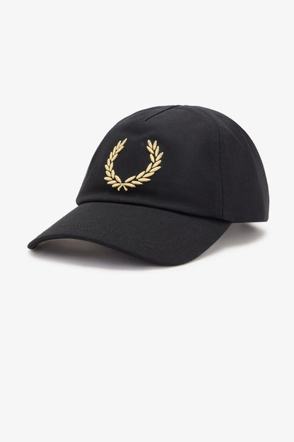 Black cap with gold embroidered logo on a white background