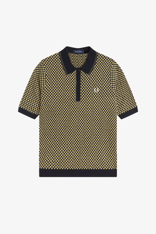 Checkered polo shirt with black collar on a light gray background