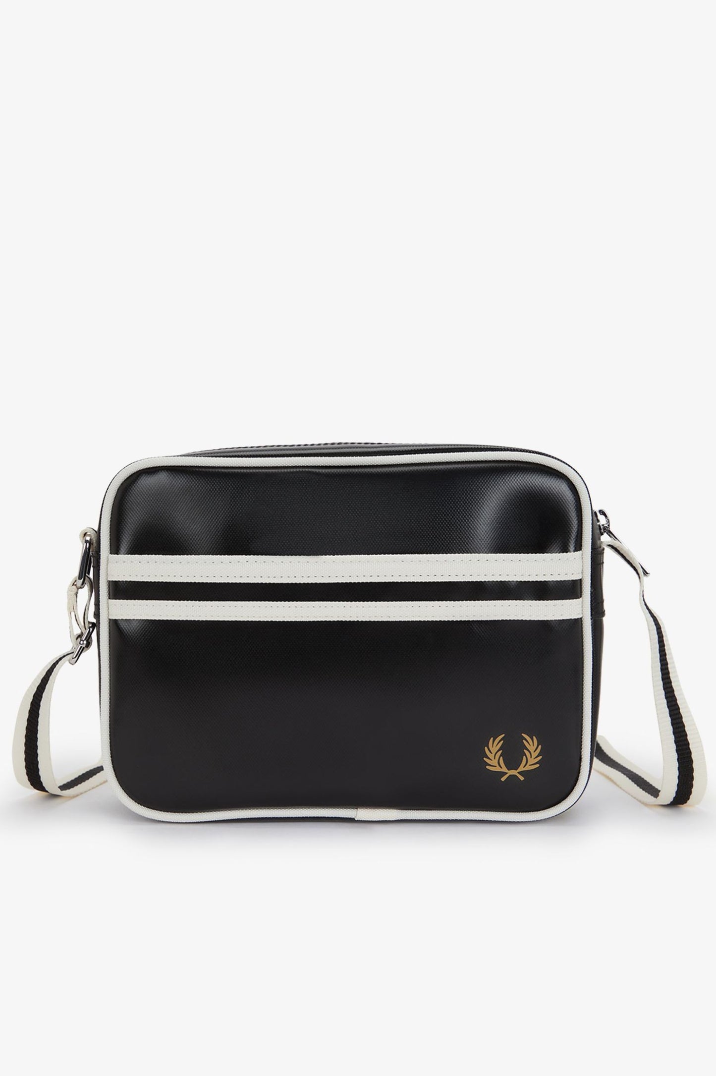 Black crossbody bag with white stripes and a brand logo on a white background