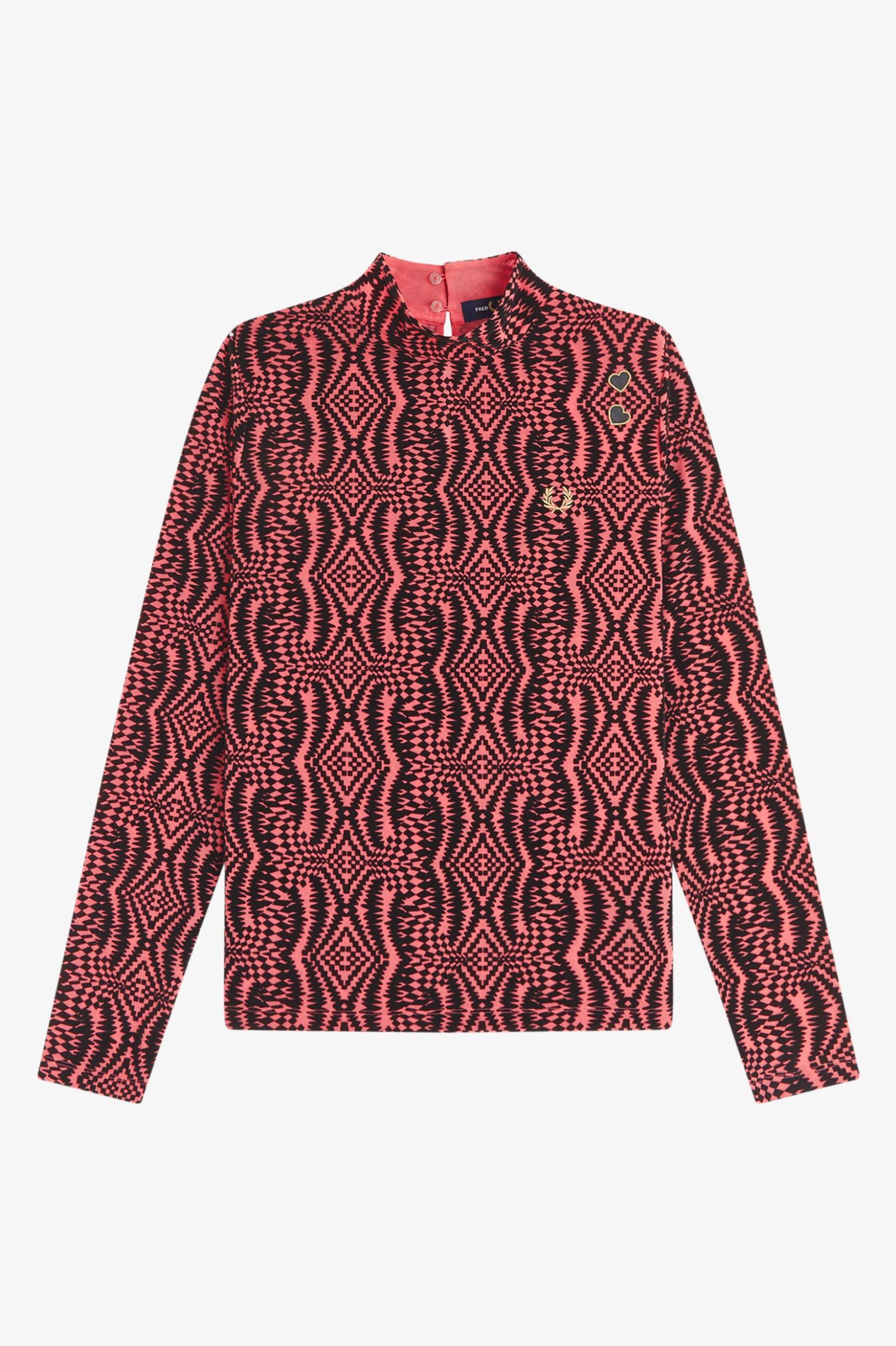 Red patterned long-sleeve shirt on a white background