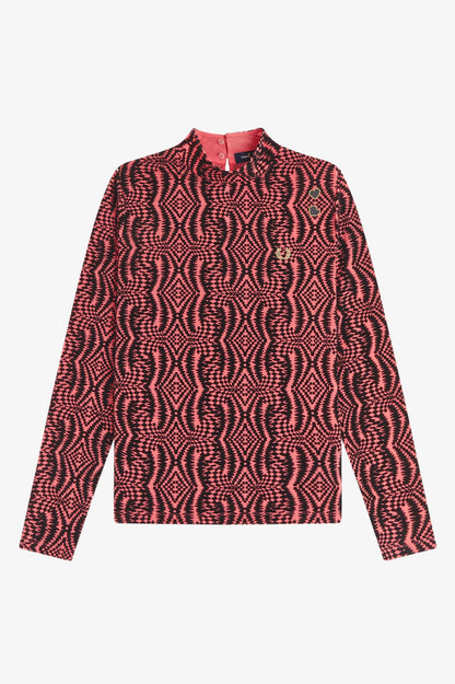 Red patterned long-sleeve shirt on a white background