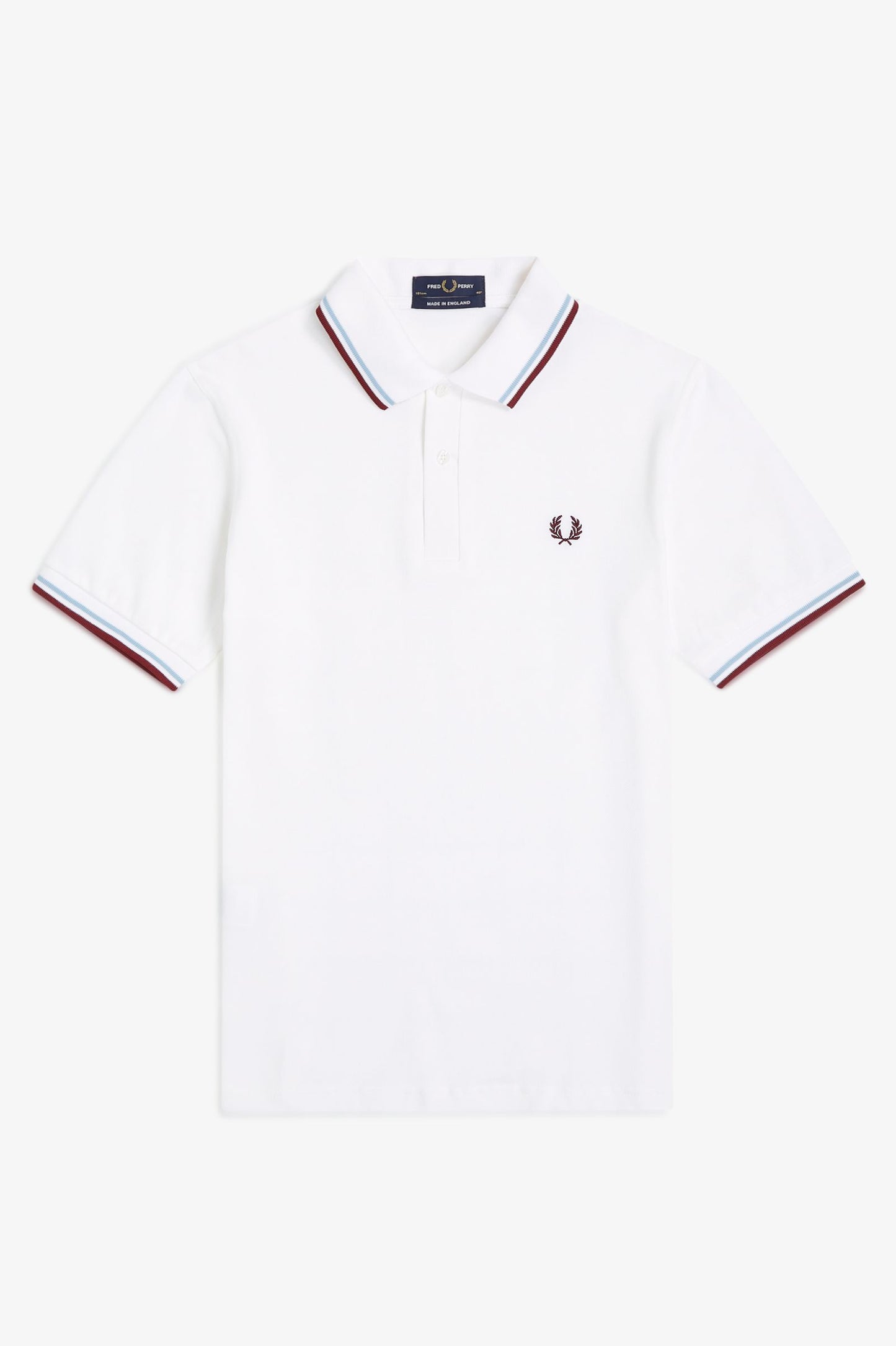 White polo shirt with red and blue trim on a white background