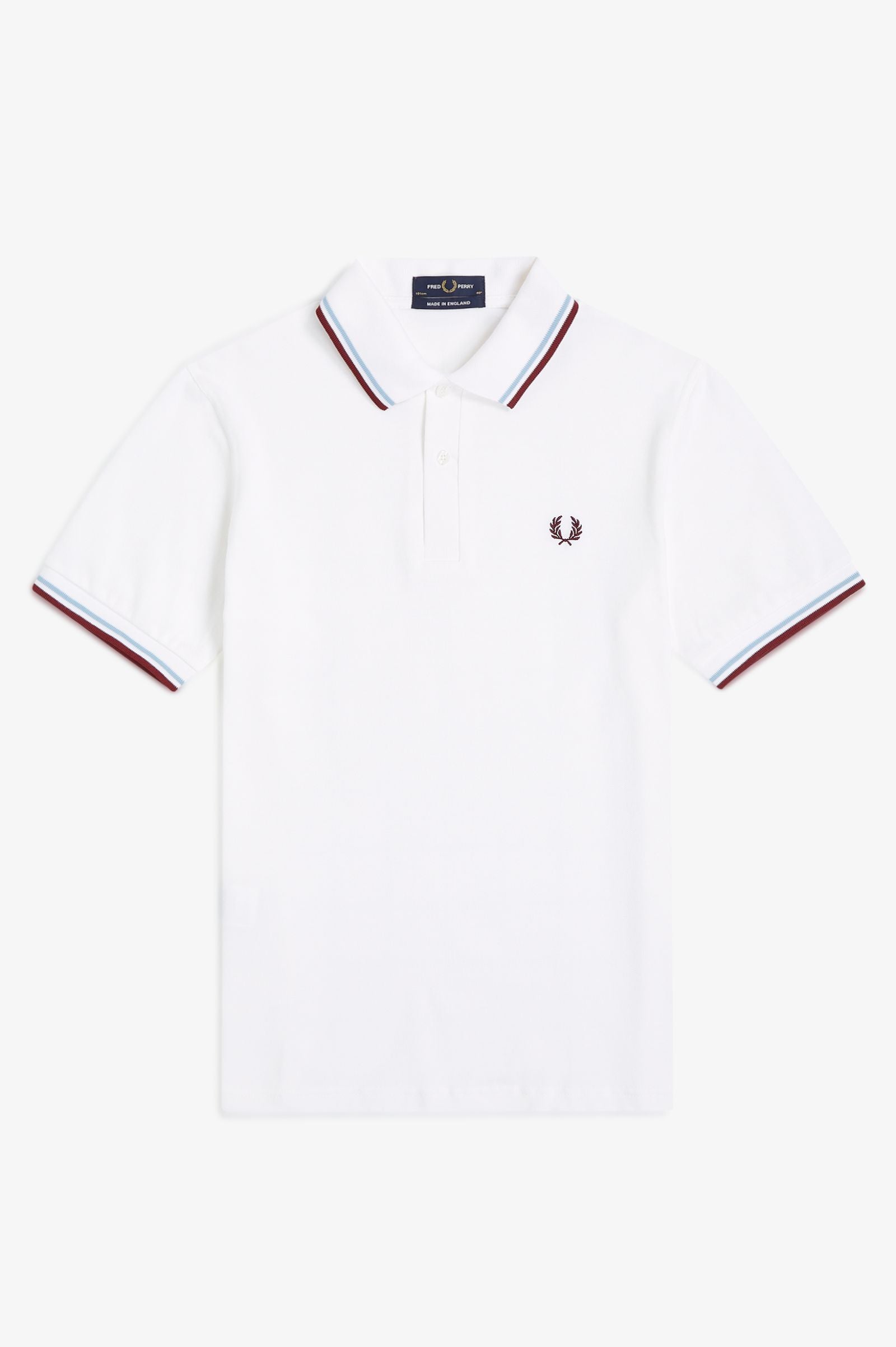White polo shirt with red and blue trim on a white background