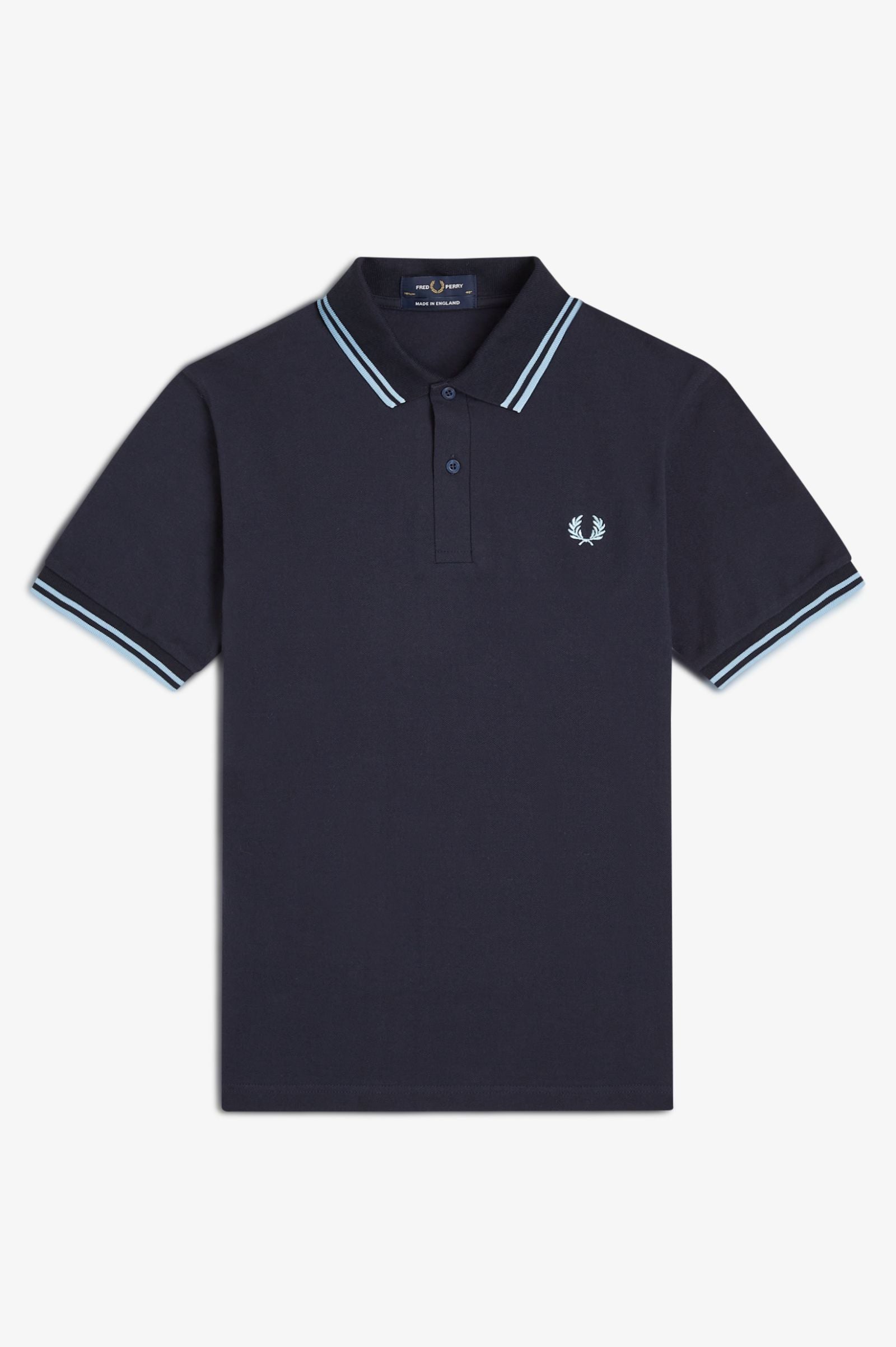 Navy polo shirt with white trim on a light gray background