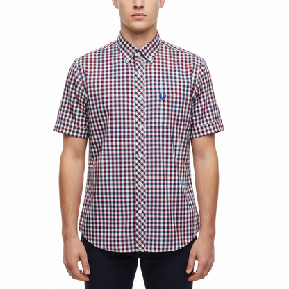Person wearing a checkered short-sleeve shirt on a white background