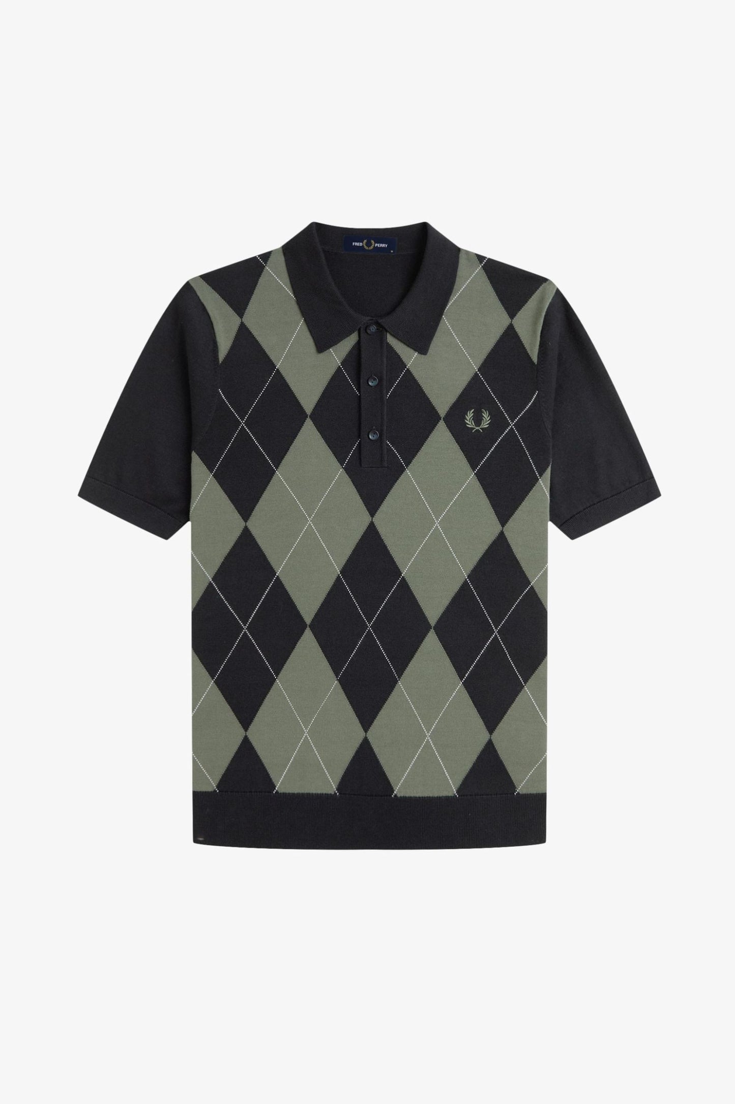 Black and green argyle patterned polo shirt on a white background