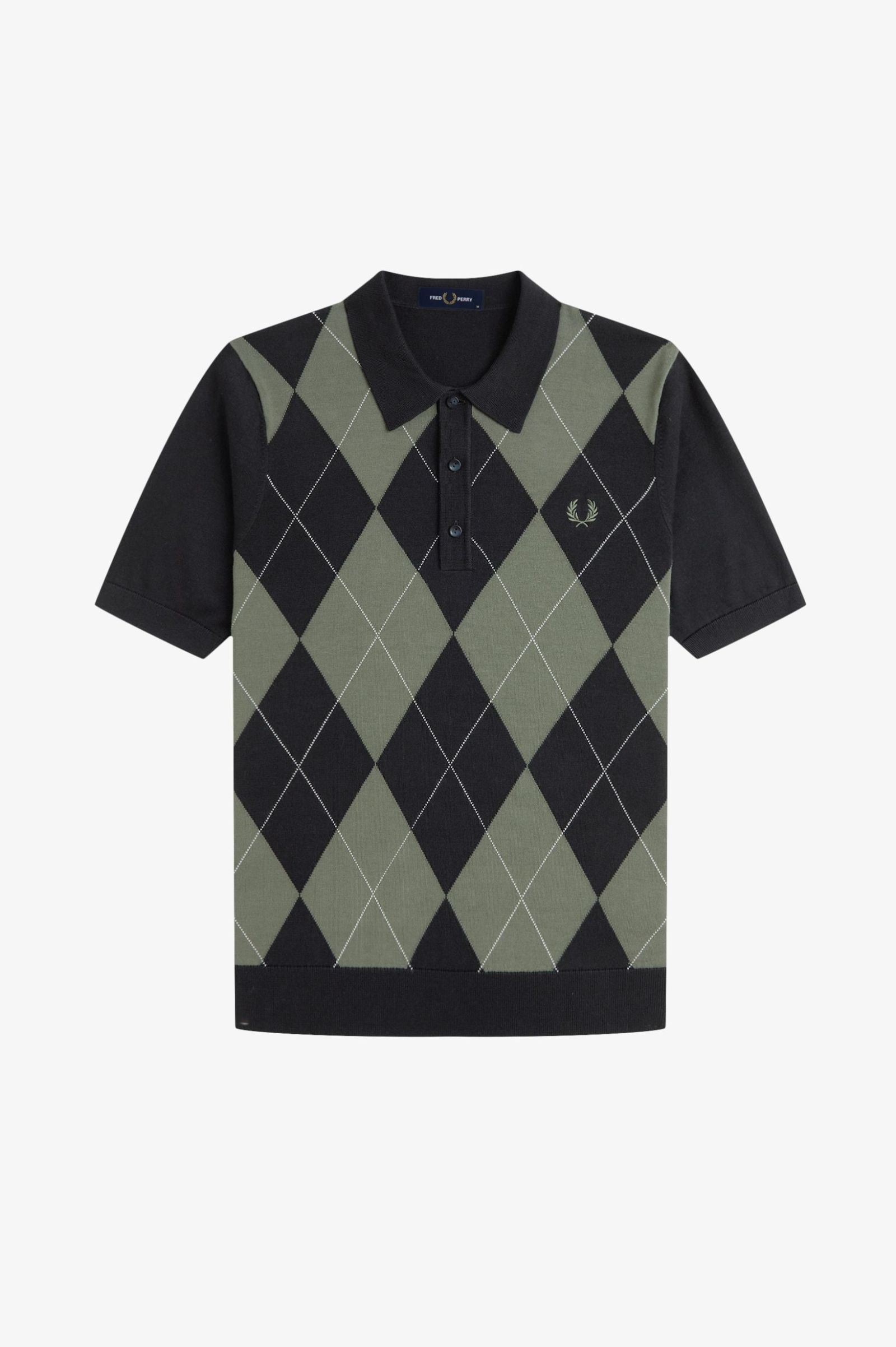 Black and green argyle patterned polo shirt on a white background