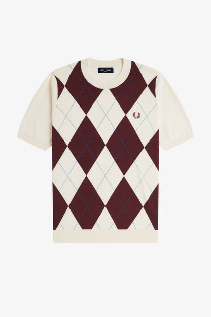 Sweater with argyle pattern and brand logo on a white background