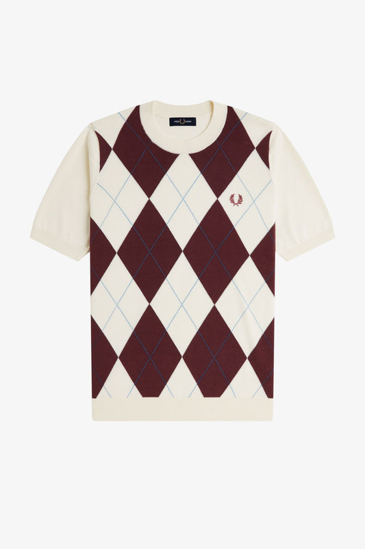 Sweater with argyle pattern and brand logo on a white background