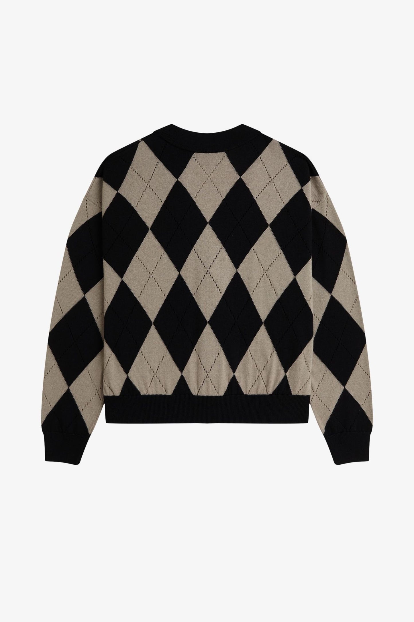 Black and beige argyle pattern sweater on a white background