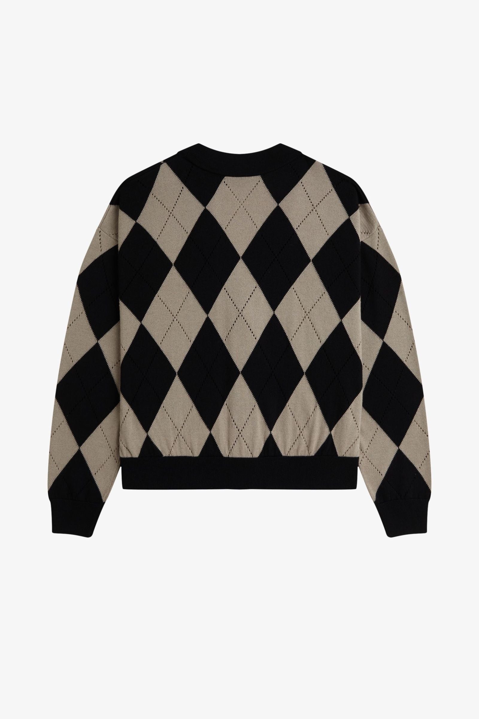 Black and beige argyle pattern sweater on a white background