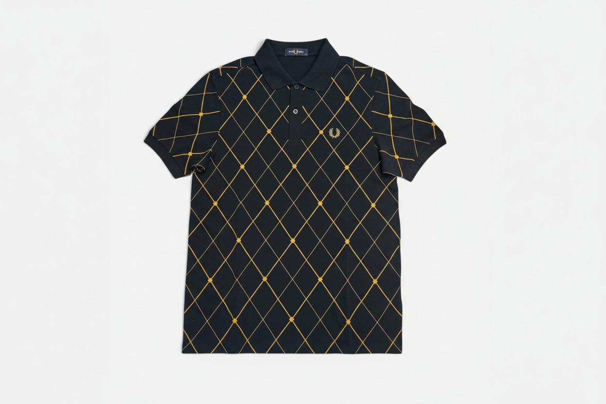 Black and gold argyle patterned polo shirt on a white background