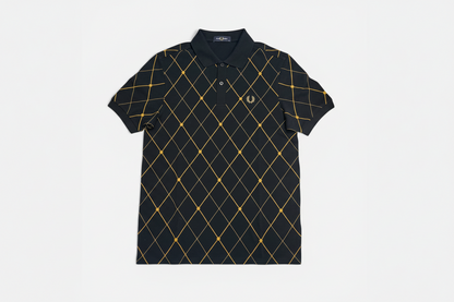 Black and gold argyle patterned polo shirt on a white background