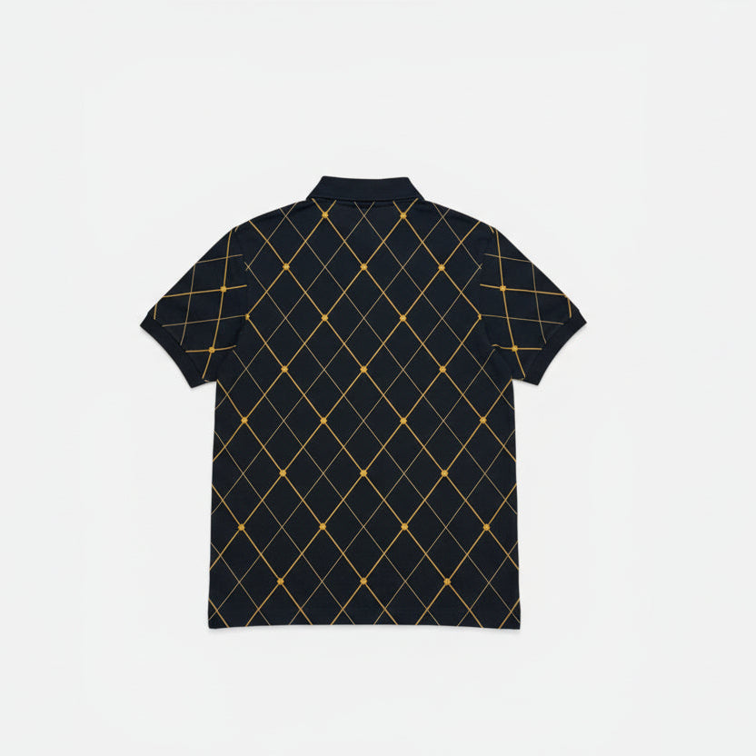 Black polo shirt with gold geometric pattern on a white background