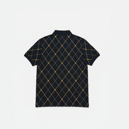Black polo shirt with gold geometric pattern on a white background