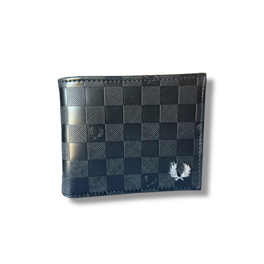 A black leather wallet with a checkerboard pattern and the Fred Perry logo on the front.