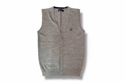 A gray Fred Perry button down vest with a V-neck, featuring a front cable detail and chunky rib neck trim.