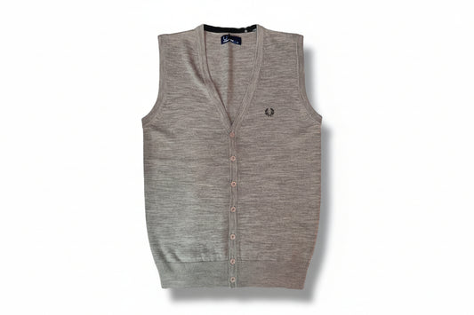 A gray Fred Perry button down vest with a V-neck, featuring a front cable detail and chunky rib neck trim.