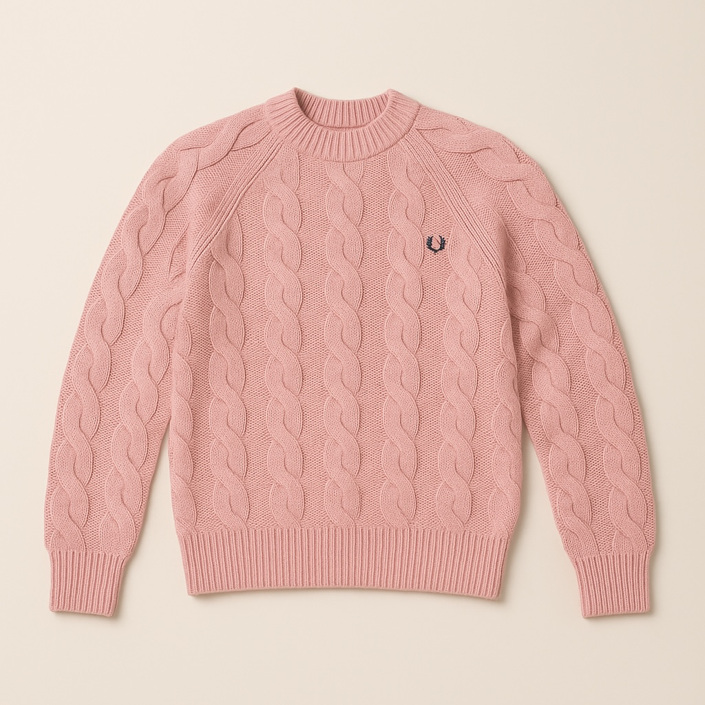 Pink cable knit sweater with a brand logo on a beige background