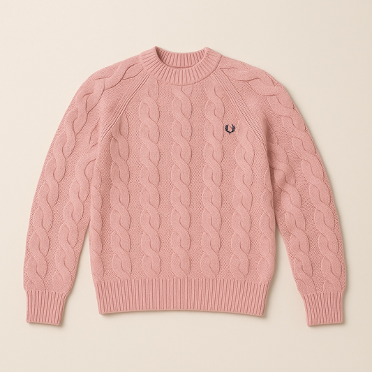 Pink cable knit sweater with a brand logo on a beige background