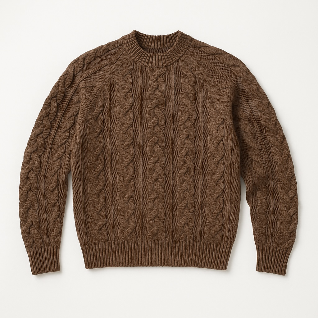 Brown cable knit sweater on a light gray background