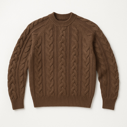 Brown cable knit sweater on a light gray background