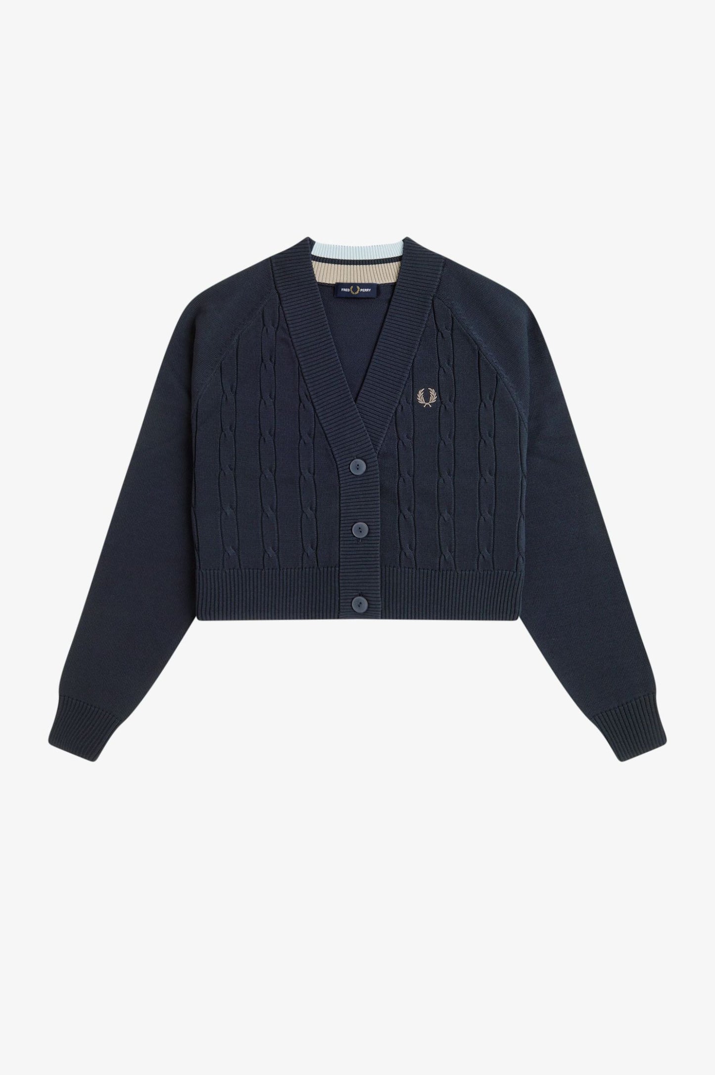 Navy cardigan with brand logo on a light gray background