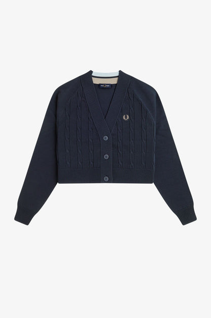 Navy cardigan with brand logo on a light gray background