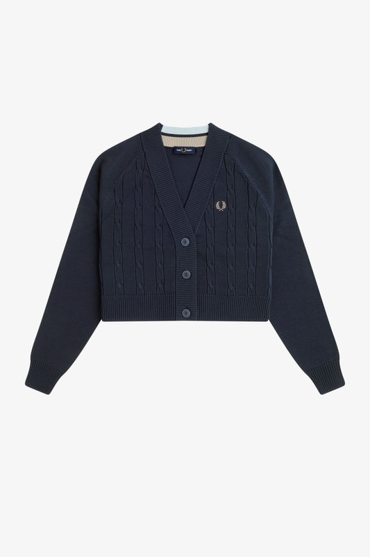 Navy cardigan with brand logo on a light gray background