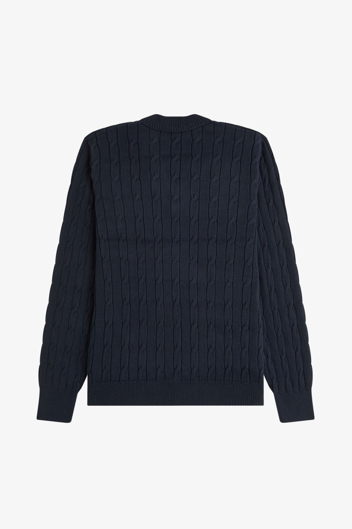 Black cable knit sweater on a white background