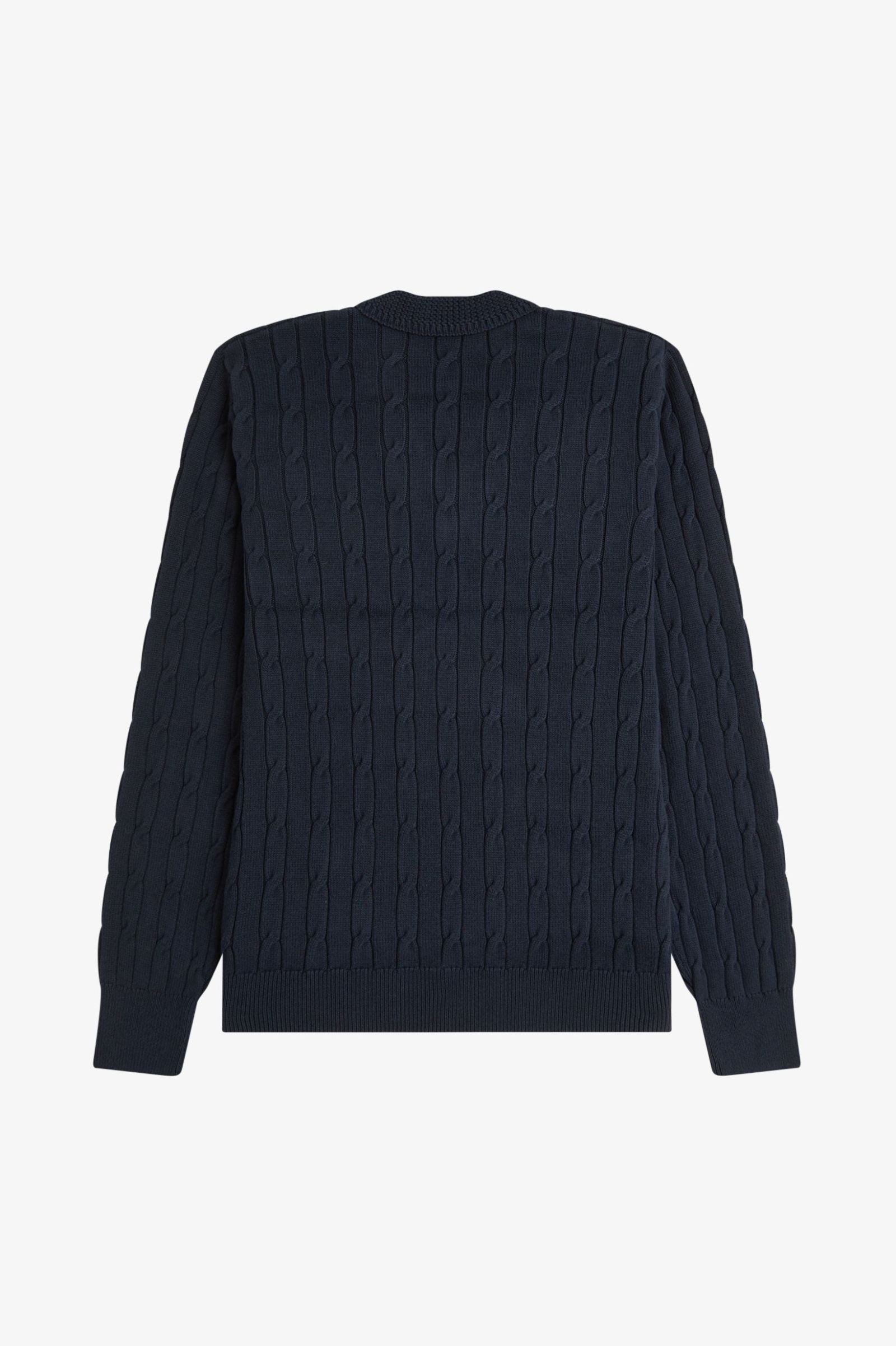 Black cable knit sweater on a white background