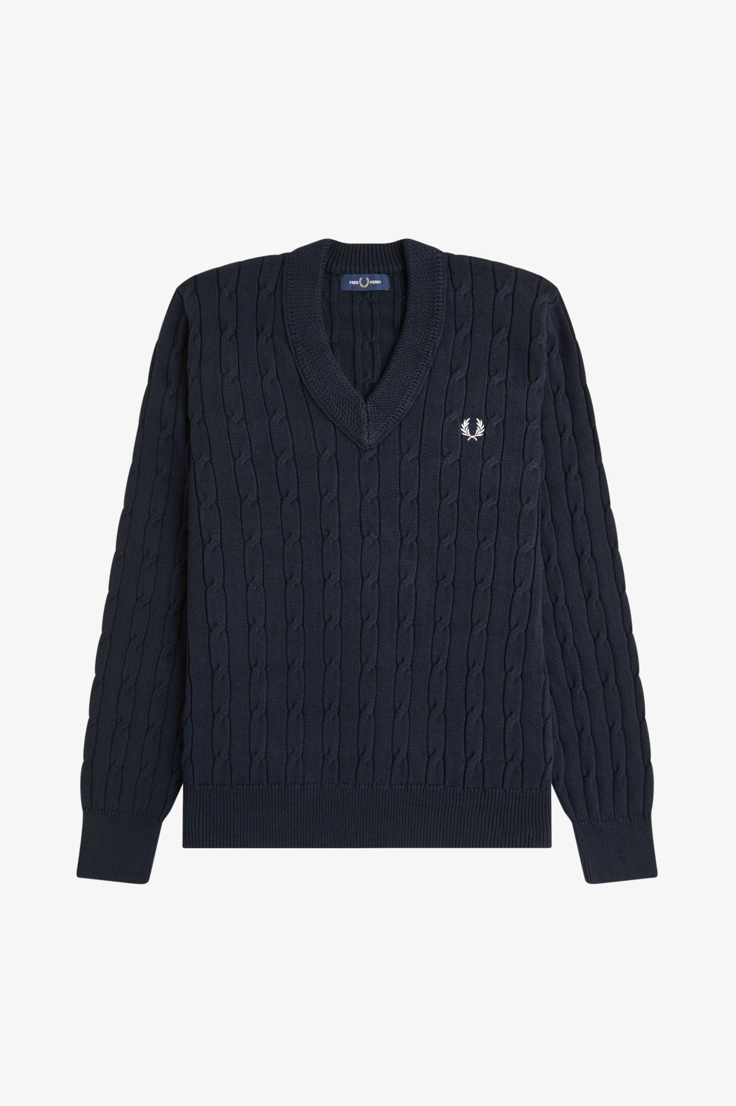 Navy cable knit sweater with a brand logo on a light gray background