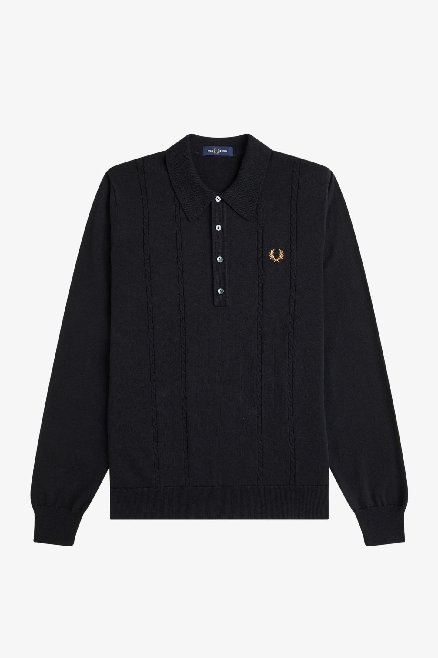 Black long-sleeve polo shirt with a brand logo on a white background