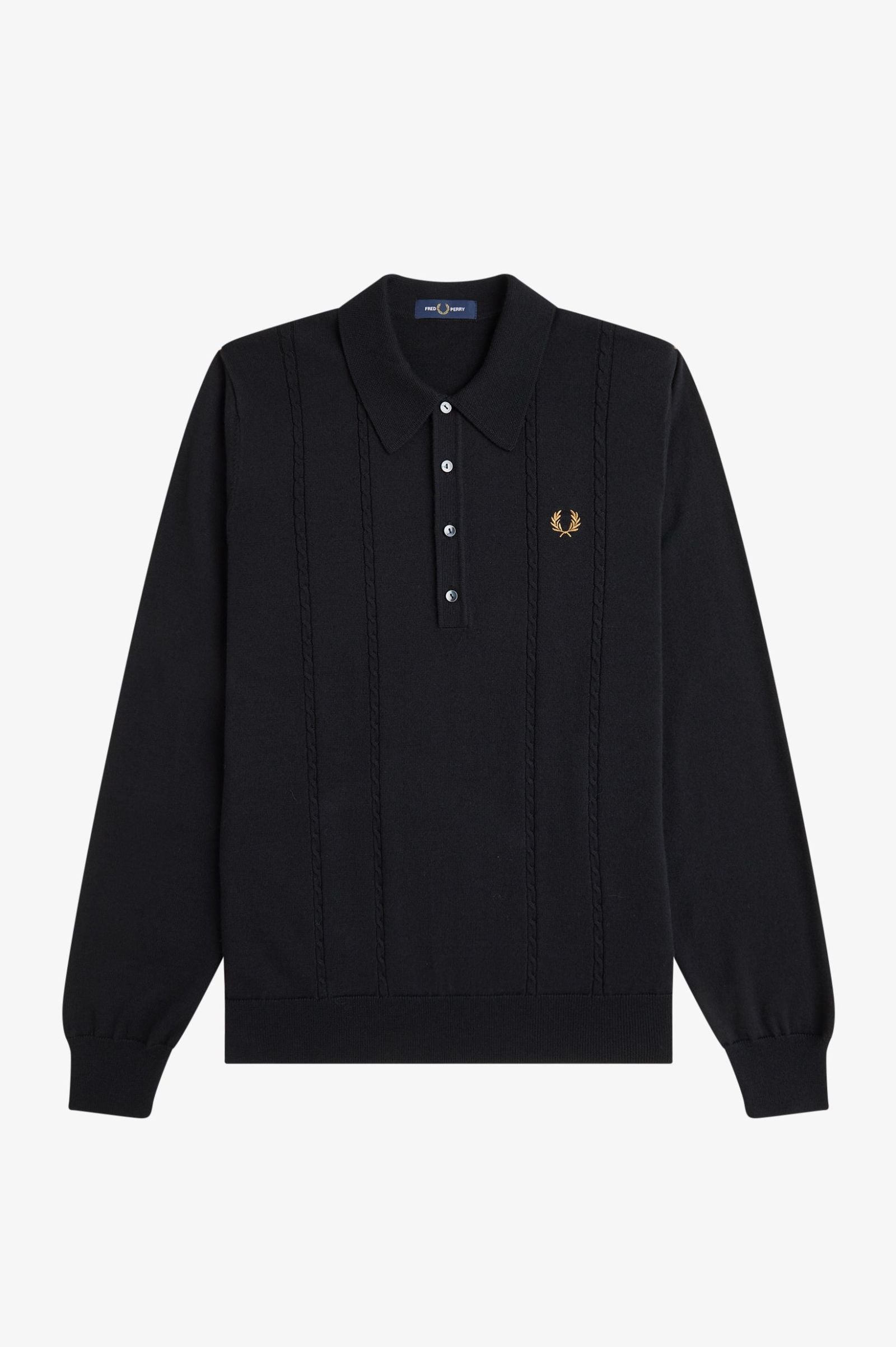 Black long-sleeve polo shirt with a brand logo on a white background