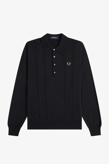 Black long-sleeve polo shirt with a brand logo on a white background