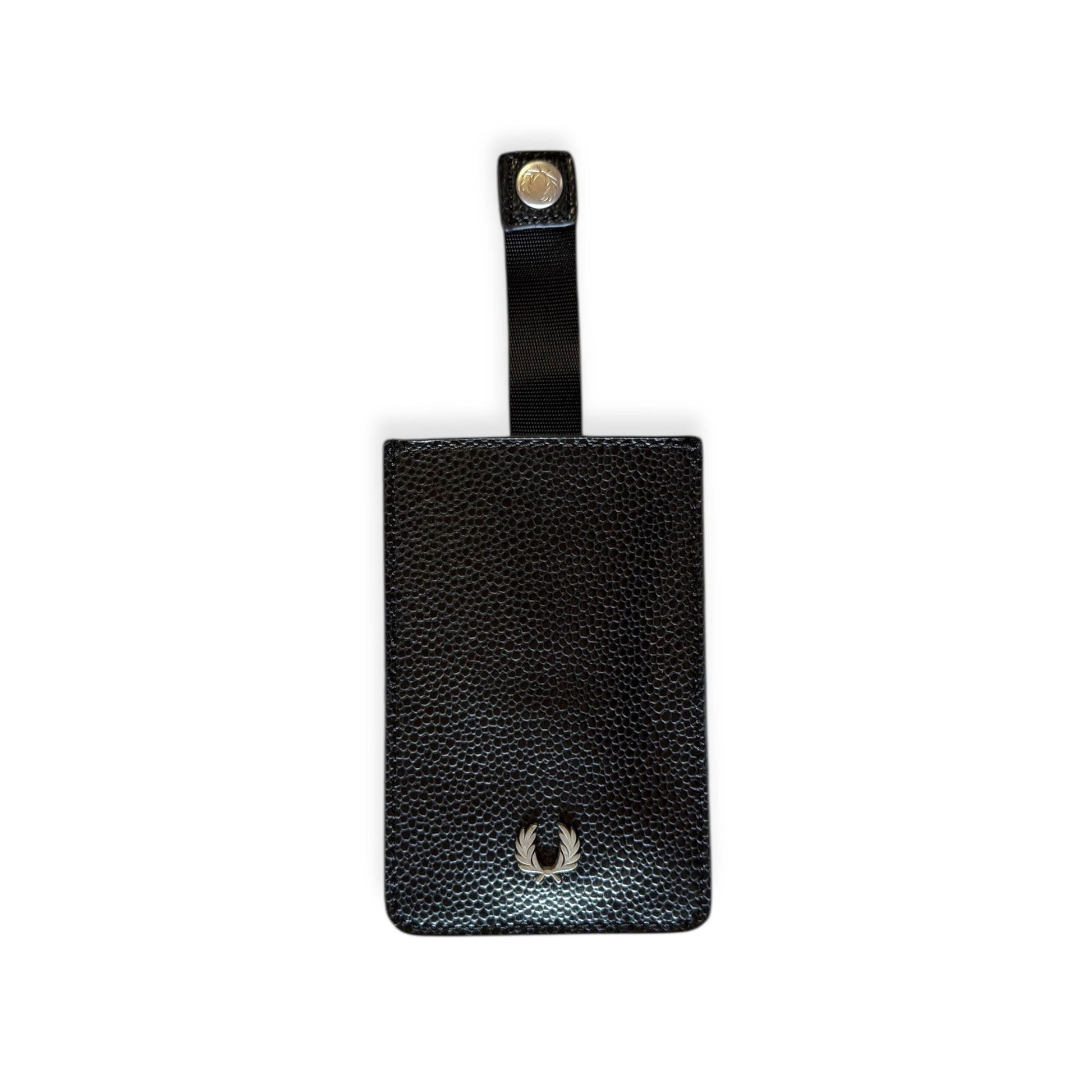A black leather card holder with a Fred Perry logo, featuring a strap for attachment.