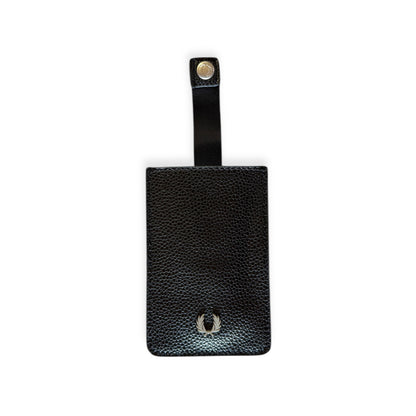 A black leather card holder with a Fred Perry logo, featuring a strap for attachment.