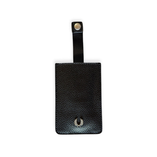 A black leather card holder with a Fred Perry logo, featuring a strap for attachment.