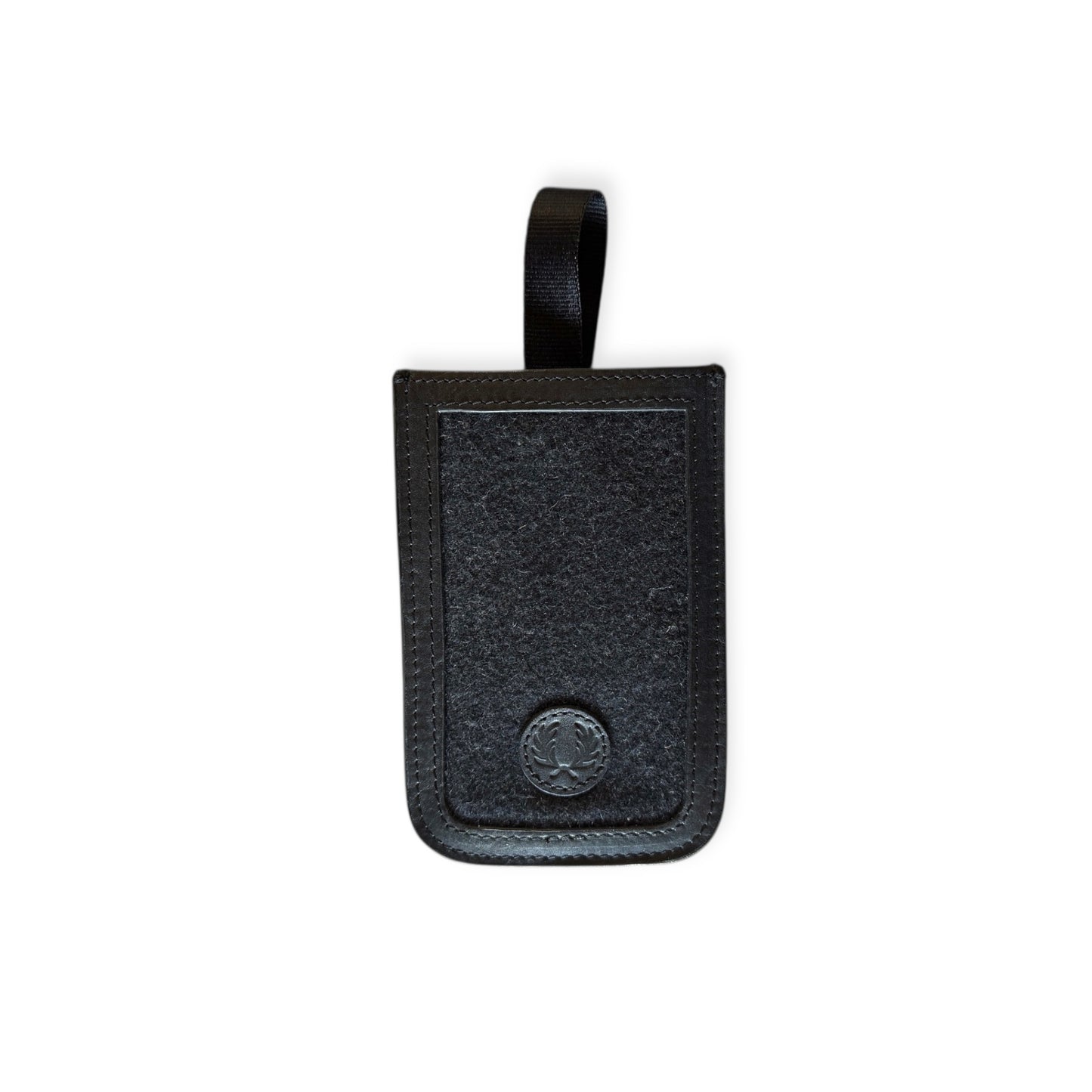 A black leather card holder with a Fred Perry logo, featuring a strap for attachment.